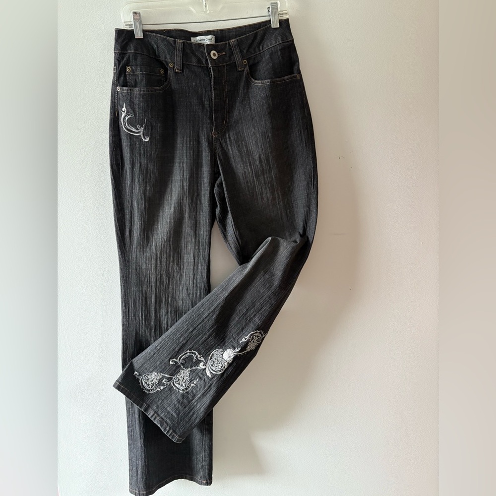 Coldwater Creek Women's Charcoal Denim Heavy Embroidered Straight Leg Jeans Sz8